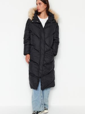 Oversize кожено палто с качулка Trendyol черно