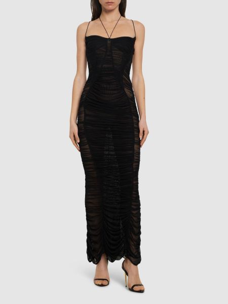 Μάξι φόρεμα από διχτυωτό ντραπέ Mugler μαύρο
