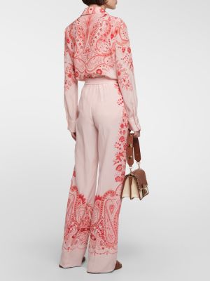 Копринени прав панталон с висока талия на цветя Etro розово