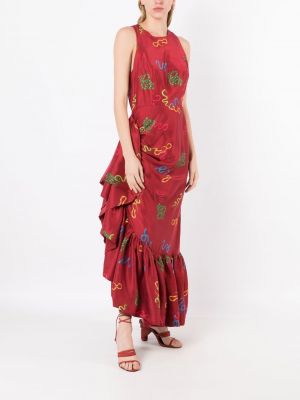 Jedwabna sukienka z nadrukiem z falbankami Isolda czerwona