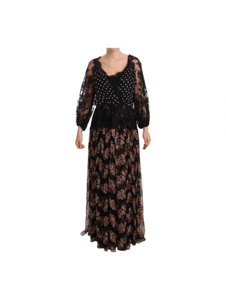 Sukienka długa w kwiatki koronkowa w grochy Dolce And Gabbana czarna