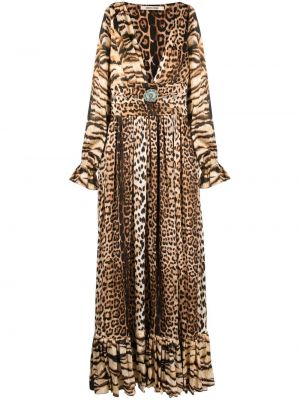 Večerna obleka s potiskom z leopardjim vzorcem z v-izrezom Roberto Cavalli