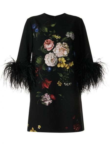 Koktel haljina sa perjem s cvjetnim printom Elie Saab crna
