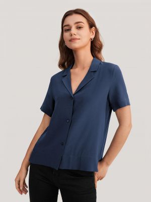 Шелковая рубашка с v-образным вырезом с коротким рукавом Lilysilk синяя