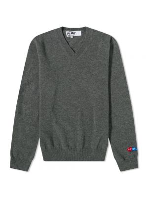 Трикотажный свитер с v-образным вырезом с сердечками Comme Des GarÇons Play серый
