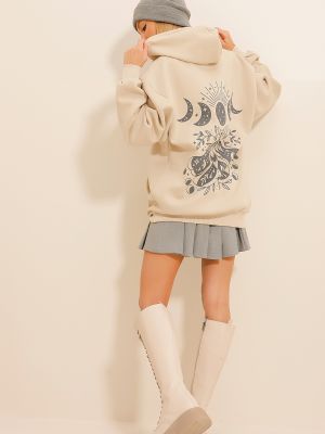 Fleece φούτερ με κουκούλα Trend Alaçatı Stili μπεζ