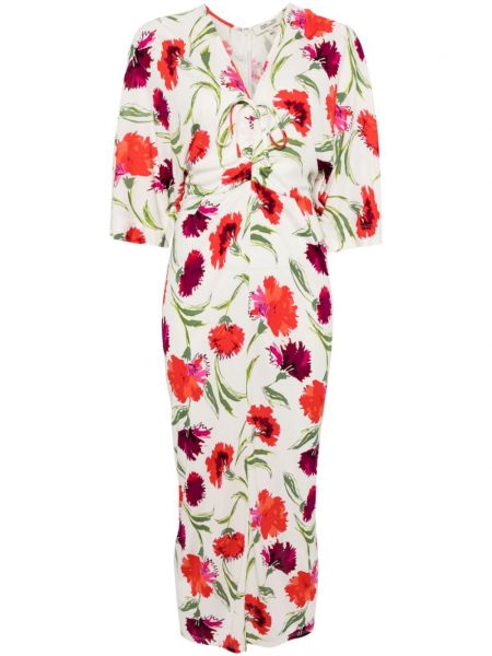 Robe mi-longue à fleurs à imprimé Dvf Diane Von Furstenberg blanc
