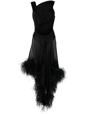 Černé asymetrické koktejlové šaty z peří The Attico
