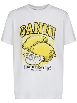 Памучна тениска с принт от джърси Ganni бяло