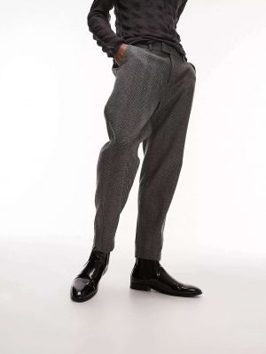 Шерстяные прямые брюки в елочку Topman серые