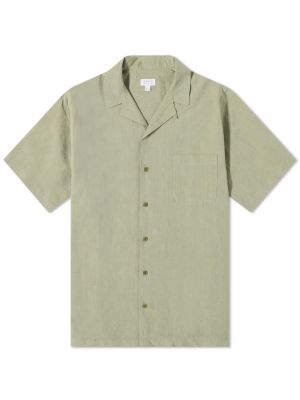 Льняная рубашка с коротким рукавом Sunspel зеленая