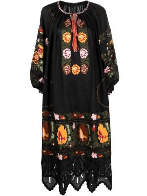 Květinové lněné šaty s výšivkou Vita Kin - černá