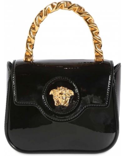 Kožená lakovaná kožená nákupná taška Versace čierna