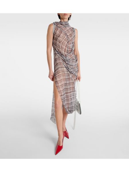 Svilena midi haljina karirana s draperijom Acne Studios crna
