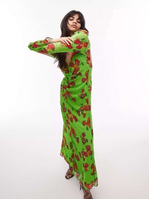 Длинное платье с вырезом на спине в цветочек с принтом Topshop Зеленое