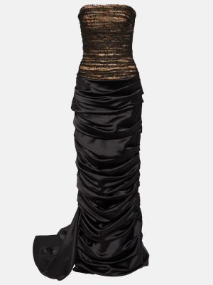 Drapované čipkované saténové dlouhé šaty Rasario čierna