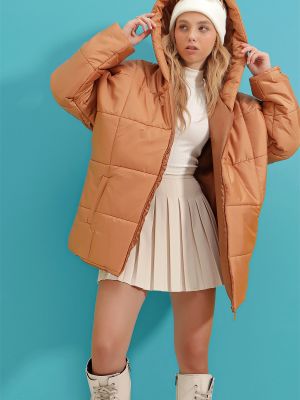 Oversized fleece παλτό με κουκούλα Trend Alaçatı Stili πορτοκαλί
