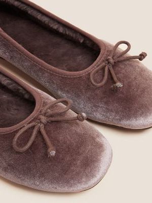 Womens M&S Collection Velvet Bow Ballerina Slippers - Pink, Pink M&s Collection