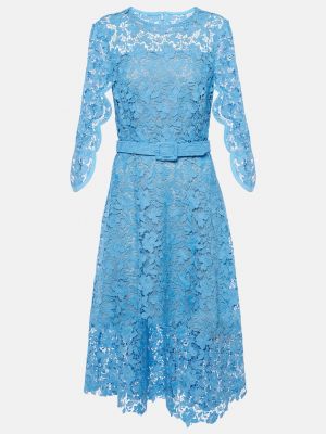 Синее кружевное платье миди Oscar De La Renta