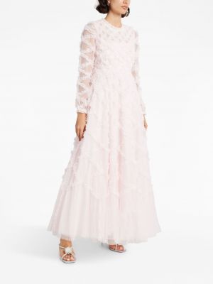 Tylové dlouhé šaty s volány Needle & Thread růžové