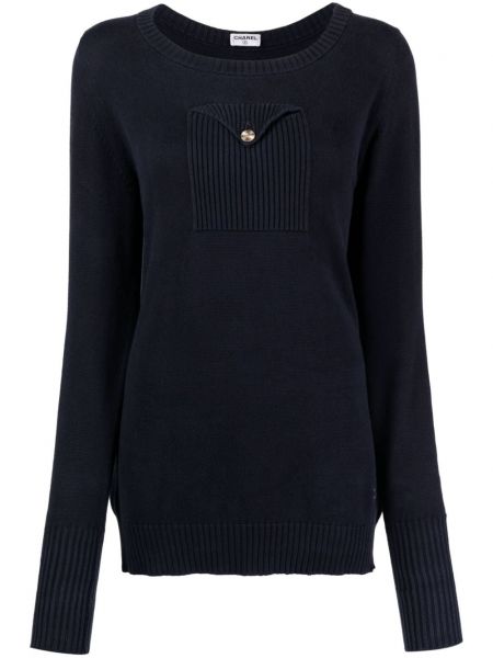 Памучен пуловер с джобове Chanel Pre-owned синьо