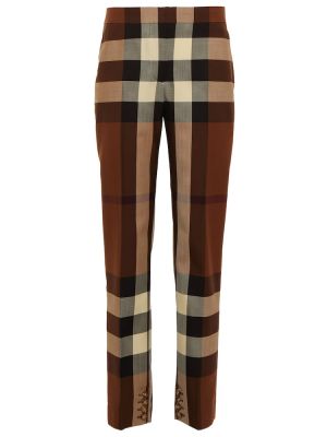 Kockované vlnené rovné nohavice s vysokým pásom Burberry hnedá