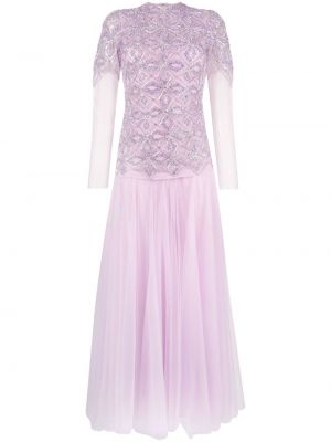 Прозрачна коктейлна рокля с кристали Dina Melwani виолетово