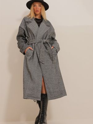Palton cu model herringbone Trend Alaçatı Stili negru