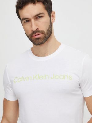 Памучна тениска с дълъг ръкав с принт Calvin Klein Jeans бяло