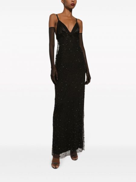 Křišťálové večerní šaty s výstřihem do v Dolce & Gabbana černé