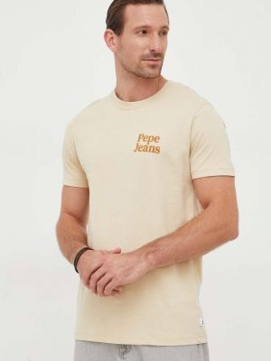 Памучна тениска с дълъг ръкав с апликация Pepe Jeans бежово