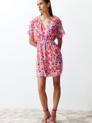 Květinové šifonové mini šaty s potiskem Trendyol růžové