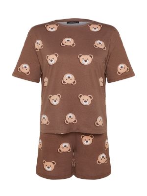 Pletena pamučna pidžama s printom Trendyol smeđa