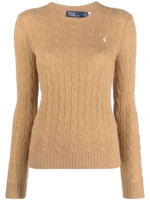 Haftowany sweter bawełniany wełniany Polo Ralph Lauren brązowy