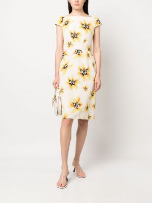 Květinové hedvábné šaty s lodičkovým výstřihem Christian Dior bílé
