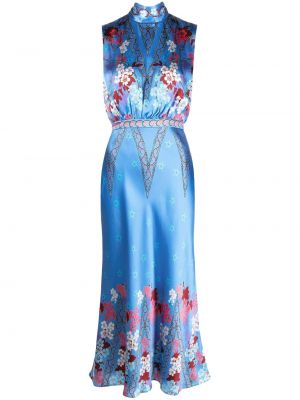 Svilena midi obleka s cvetličnim vzorcem s potiskom Saloni modra