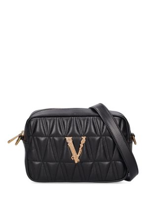 Ватирани кожени чанта за ръка Versace черно