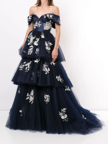 Vestido de noche de flores de encaje Carolina Herrera azul