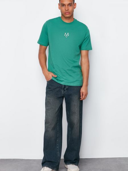 Kokvilnas polo krekls ar izšuvumiem Trendyol zaļš