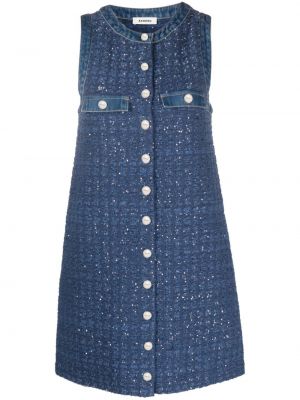 Sukienka mini bez rękawów tweedowa Sandro niebieska