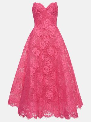 Csipkés virágos pamut midi ruha Monique Lhuillier rózsaszín
