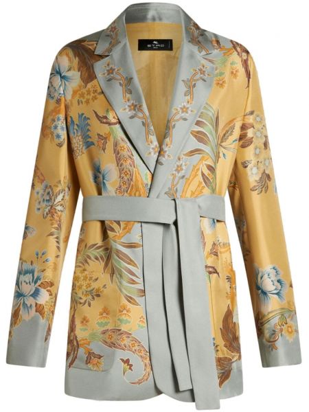 Svilena jakna s remenom s cvjetnim printom s printom Etro bež
