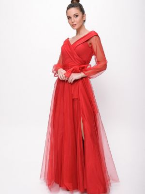 Вечерна рокля с връзки от тюл с буфан ръкави By Saygı червено