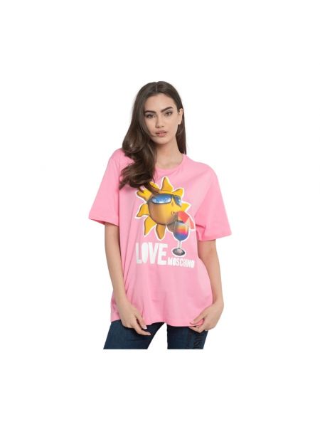 Koszulka bawełniana z nadrukiem casual Love Moschino różowa