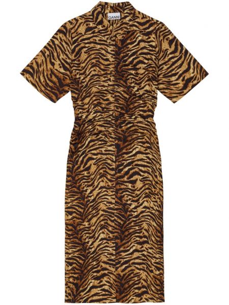 Tigrované bavlnené šaty s potlačou Ganni hnedá