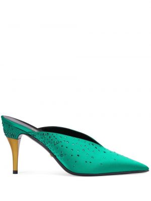 Papuci tip mules din satin de cristal Gucci verde