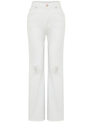 Voľné roztrhané džínsy s vysokým pásom Trendyol biela