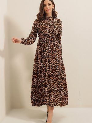 Leopardí viskózové dlouhé šaty s knoflíky By Saygı hnědé
