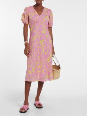 Květinové bavlněné sametové midi šaty Velvet růžové