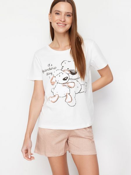 Pletena pamučna pidžama s printom Trendyol bijela